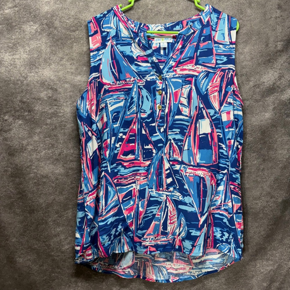Kiwi Fresh Sleeveless Sailboat Print Tank Top Womens L Blue Pink Nautical Resort